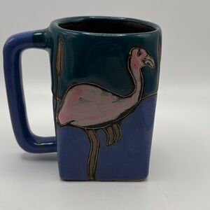 “Mara” Stoneware Square Bottom Signed  Flamingo Mug